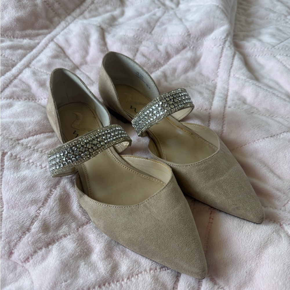 NINA Beige Suede Pointed Flats with Crystal Mary Jane Strap